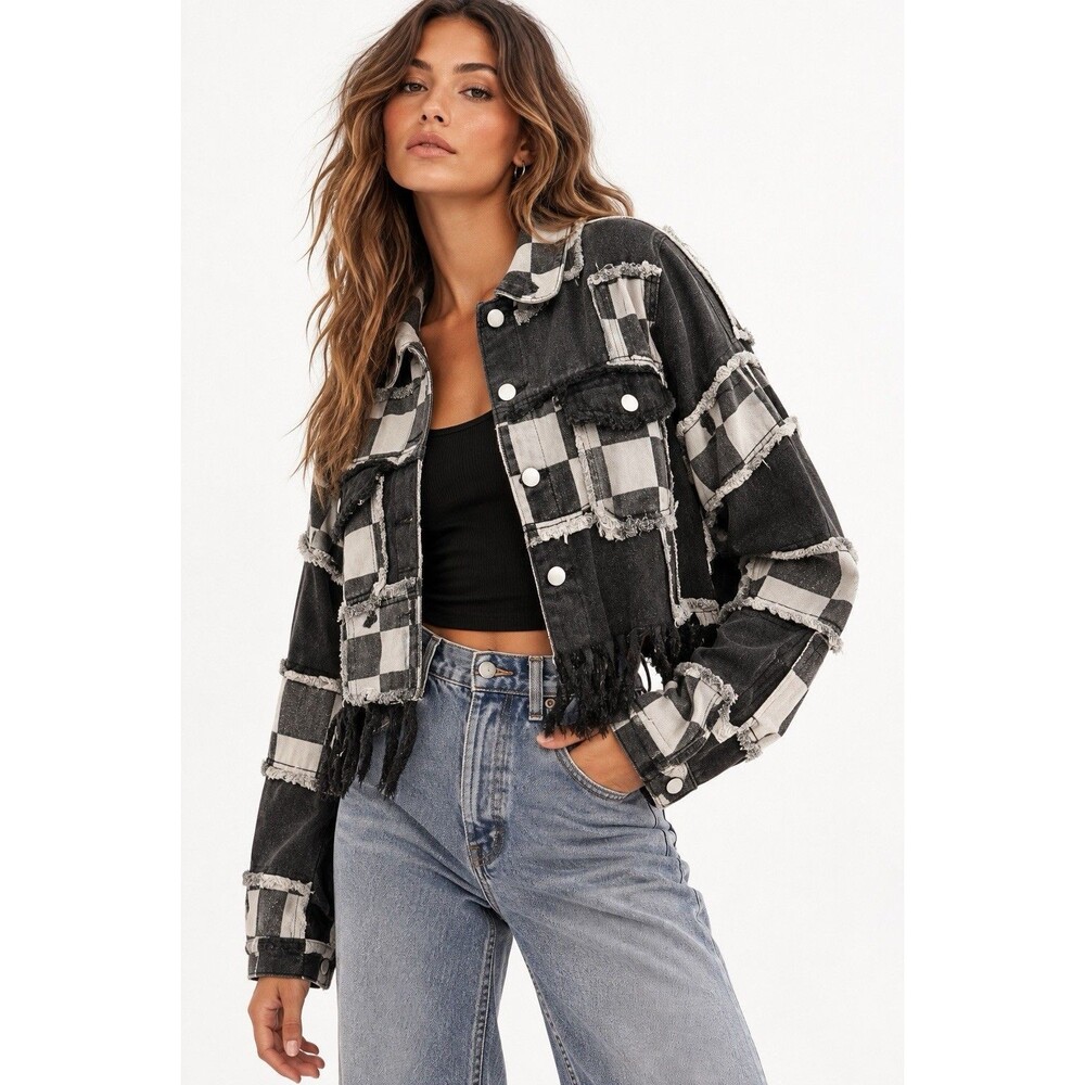 POL Black & White Plaid Patchwork Fringe Distressed Cropped Denim Jacket S